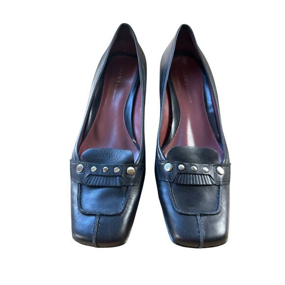 Nine  Company 10  Black Leather Square-Toe Kitten Heel Shoes Studded Detail - Picture 1 of 8